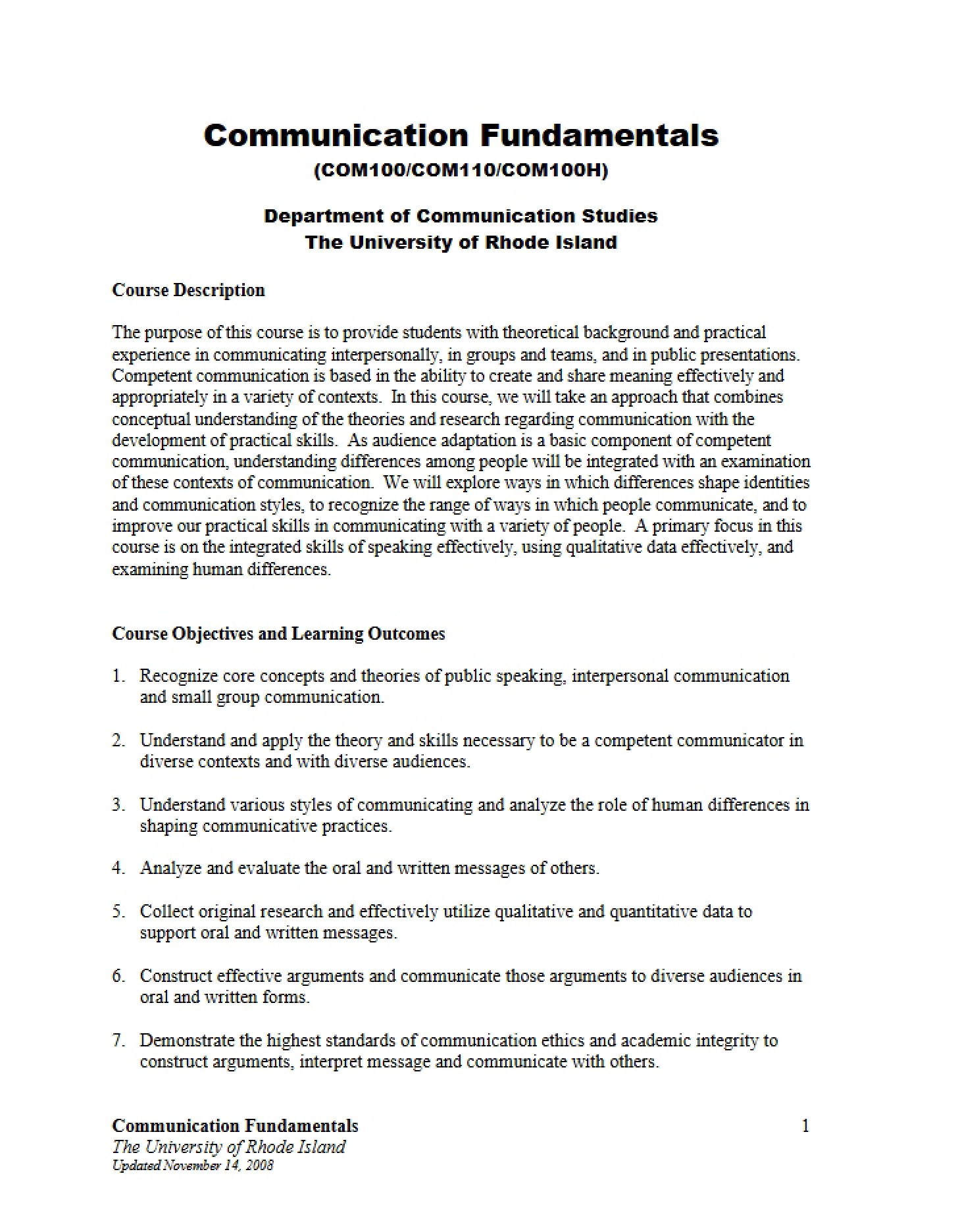 Syllabus Fundamentals of Communication