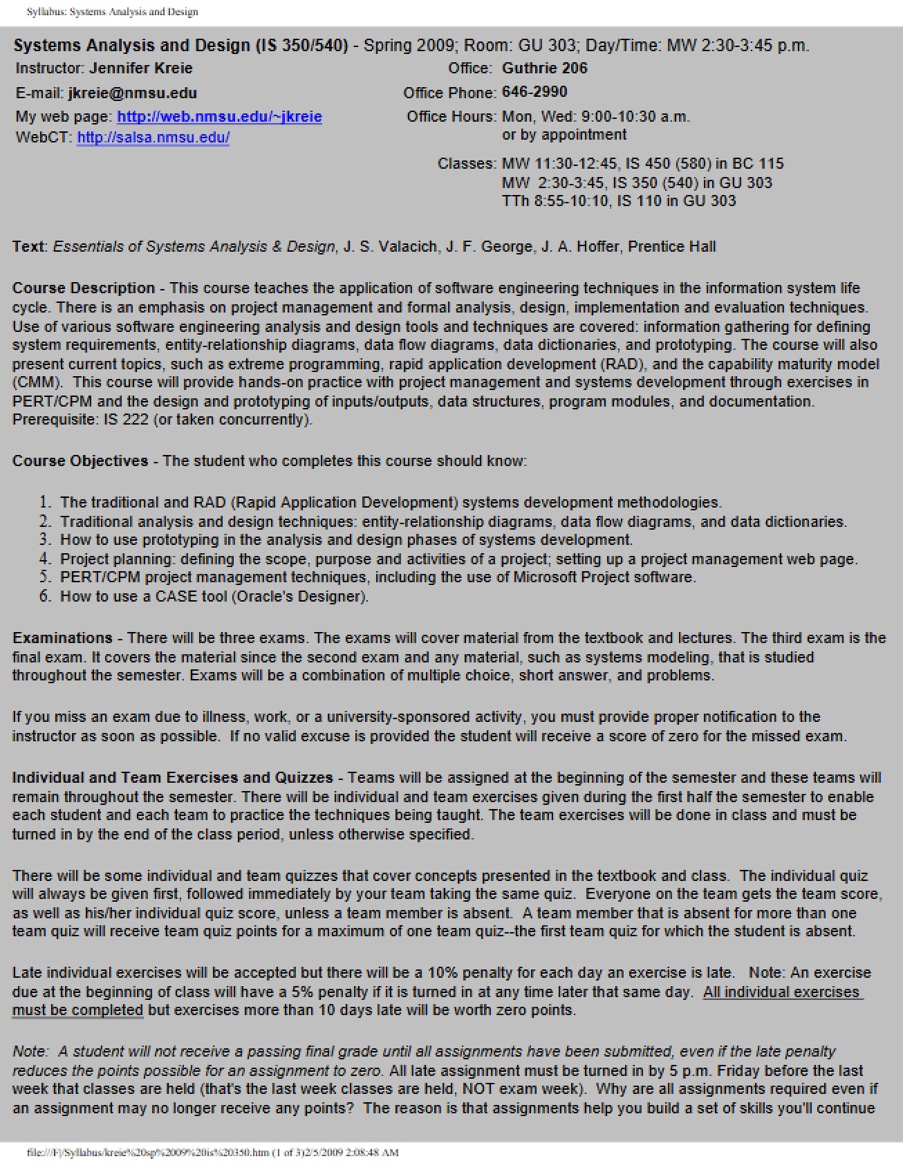 Information Systems Analysis and Design Syllabus from Spring 2009 by Dr. Jennifer Kreie