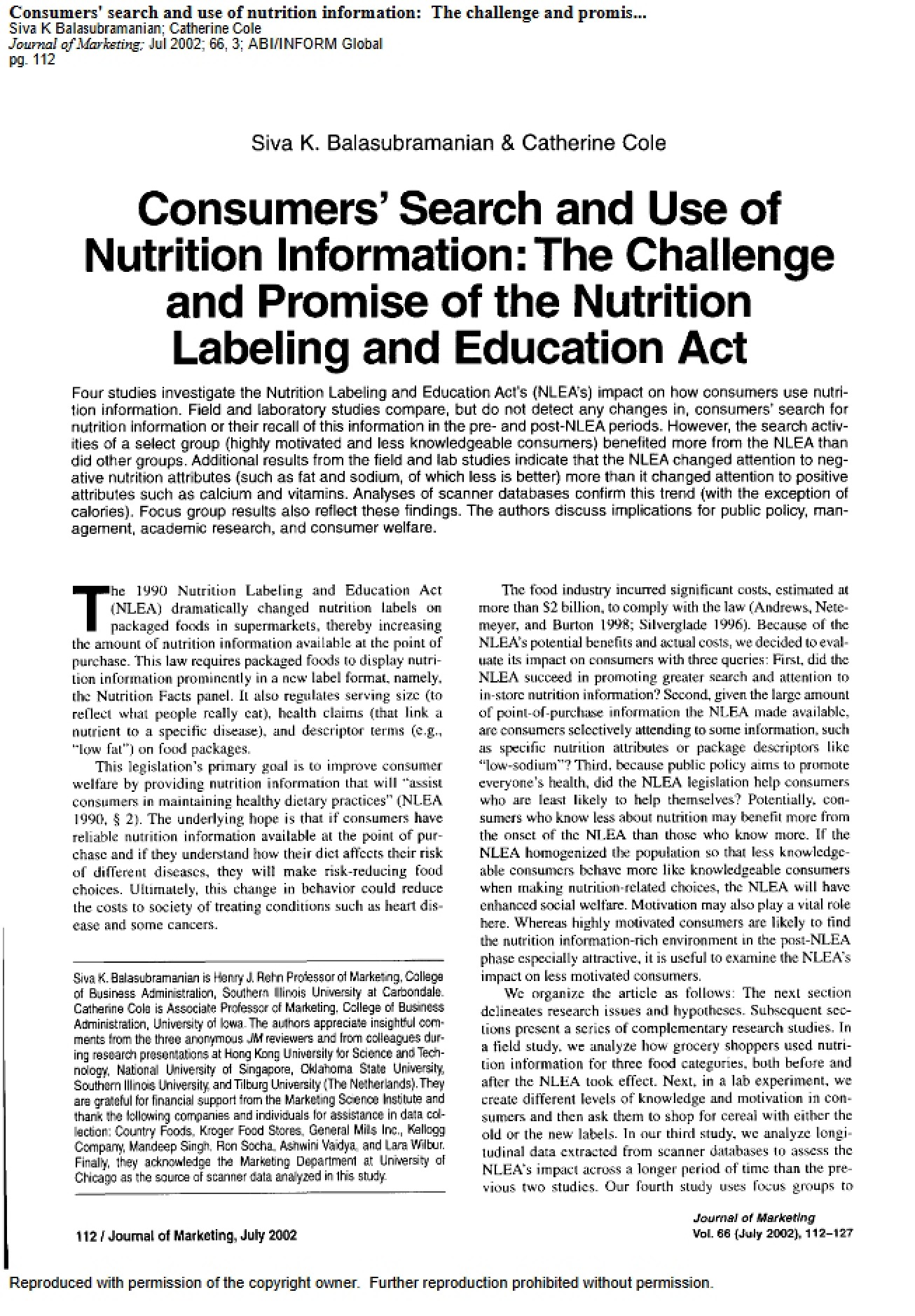 Nutrition Information Search and Use by Consumers
