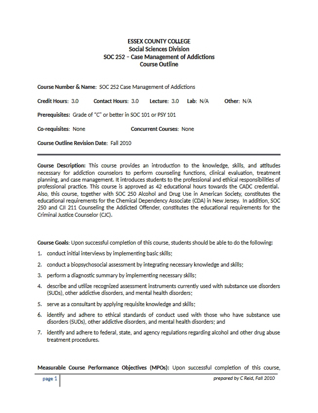 Addictions Case Management Syllabus