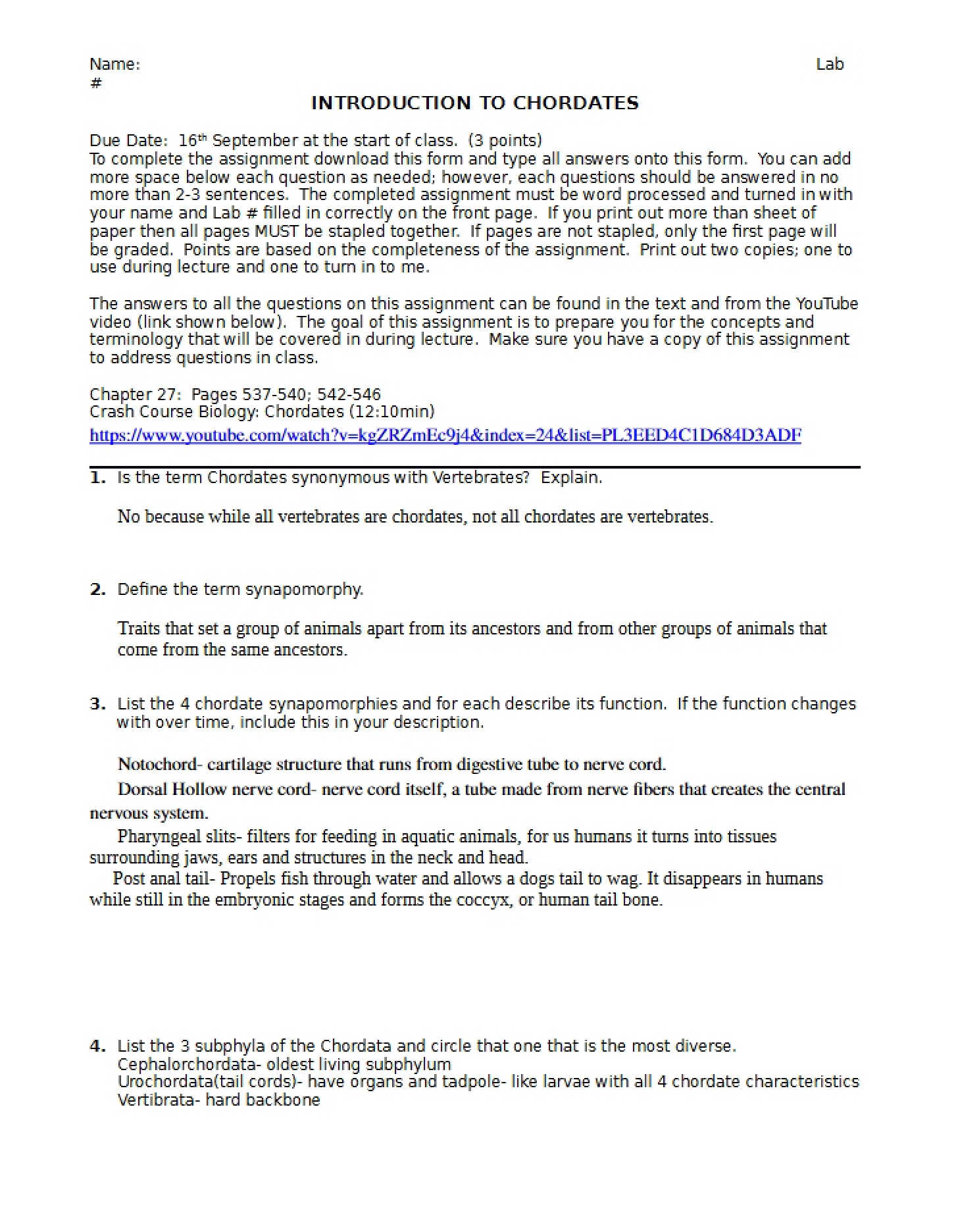 Assignment 2 Intro to Chordates (Pre-Lecture)