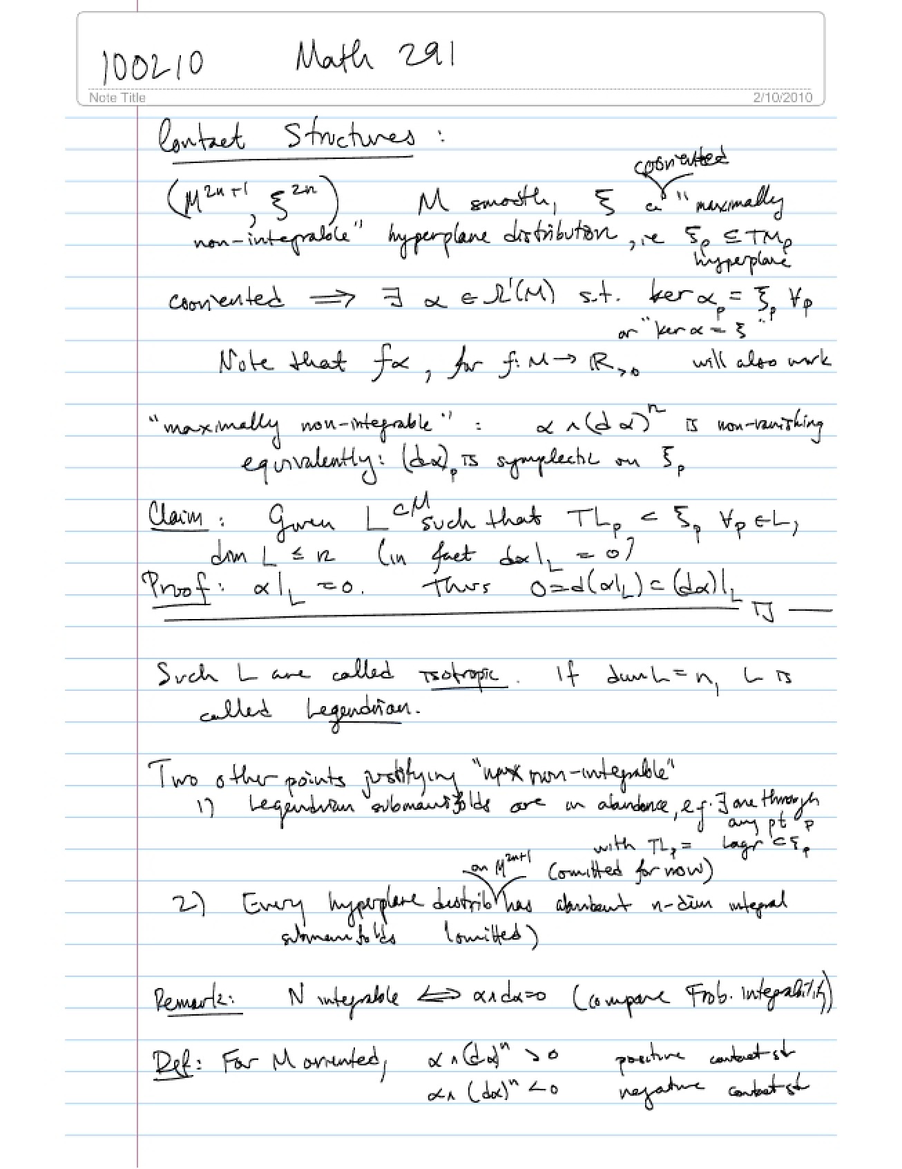 Contact Topology February 10 Notes
