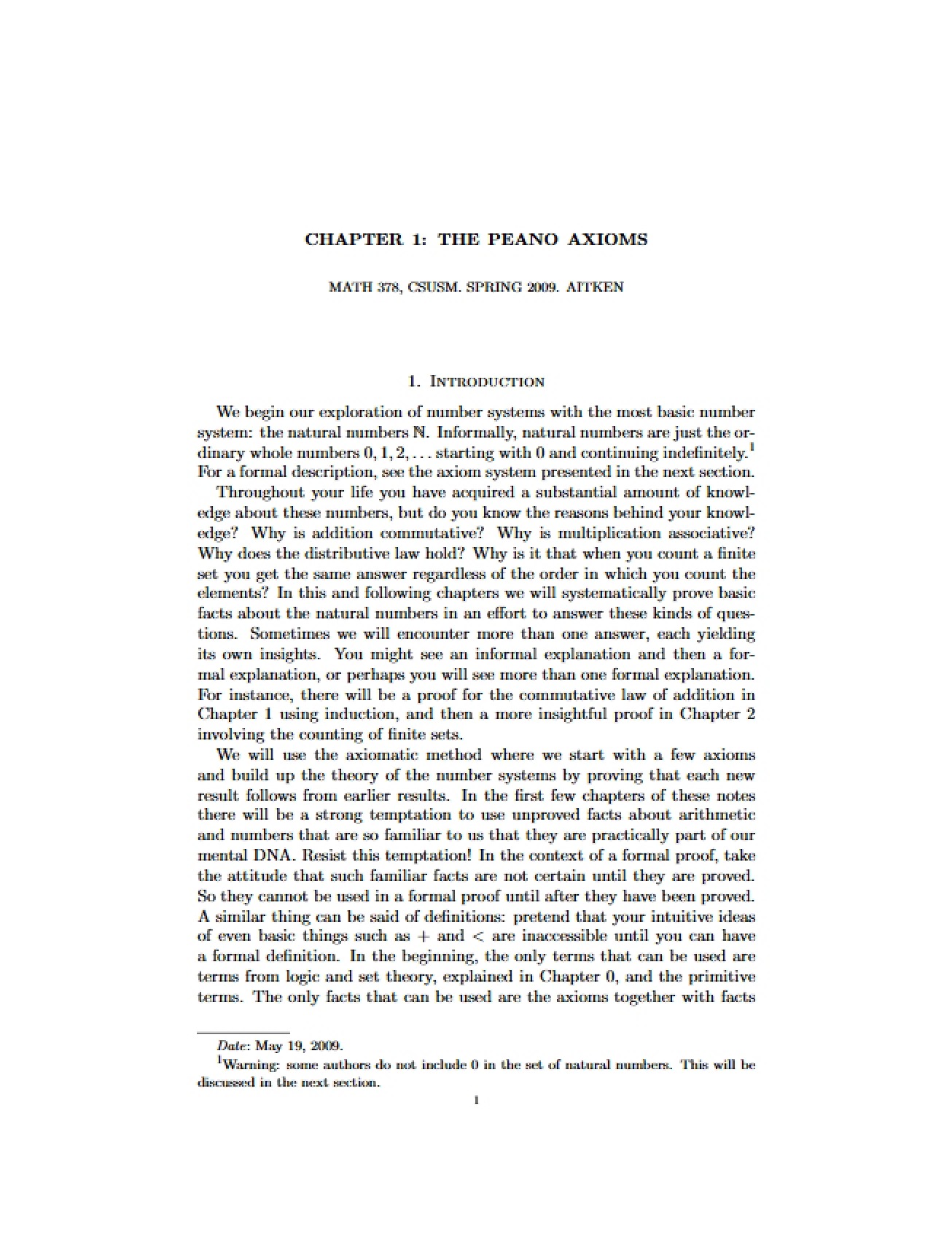 Peano Axioms Chapter One