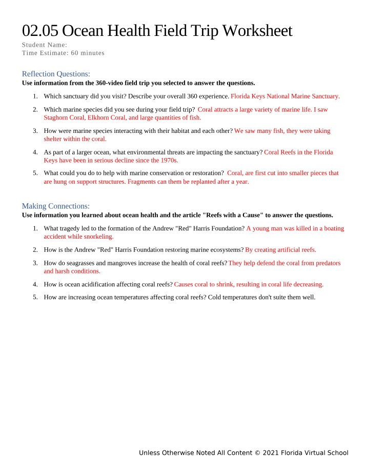 Worksheet for Ocean Health Field Trip