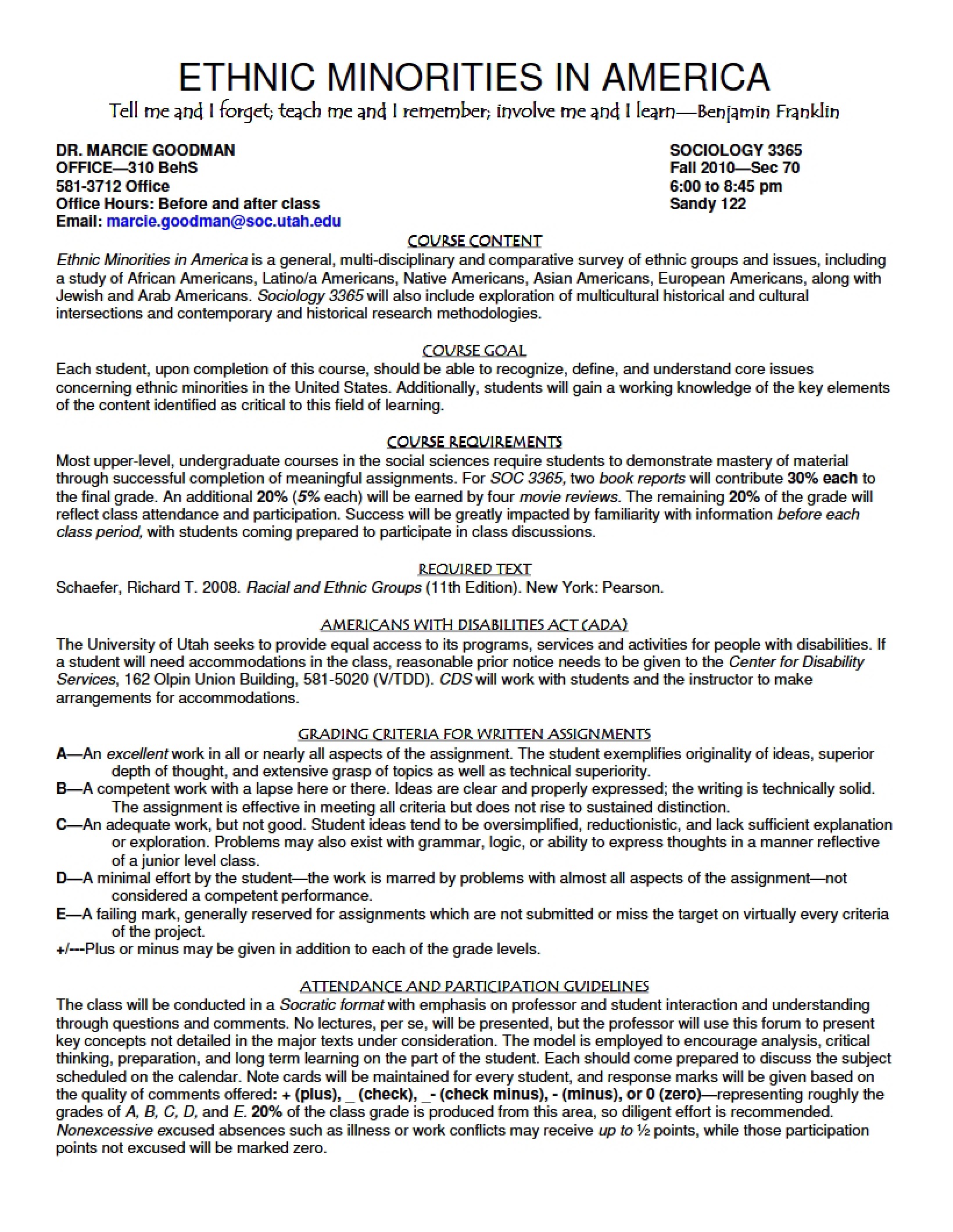 Course Outline for Ethnic Minorities