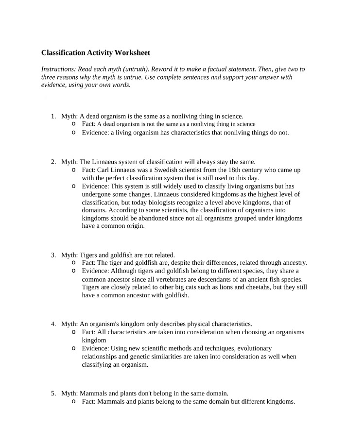 Worksheet on Debunking Common Classification Myths
