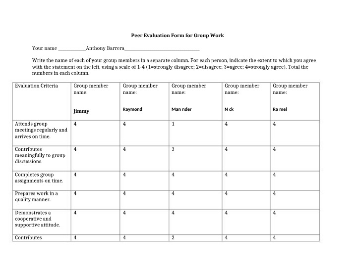 Peer Evaluation Form for Group Work
