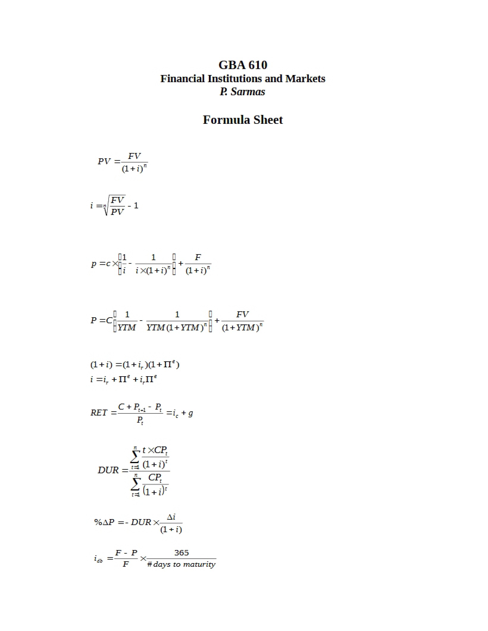 GBA 610 Formulas