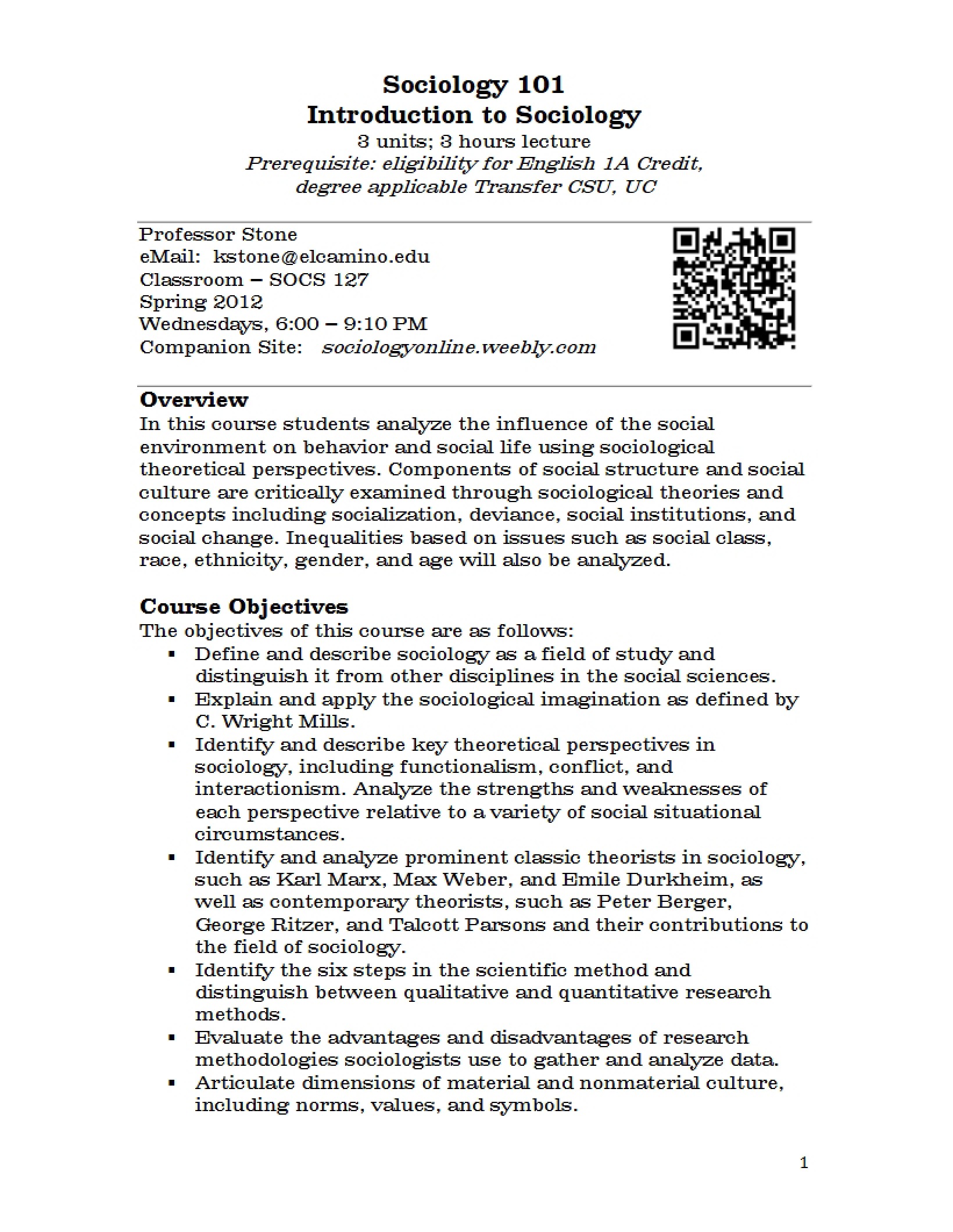 Syllabus for Intro to Sociology