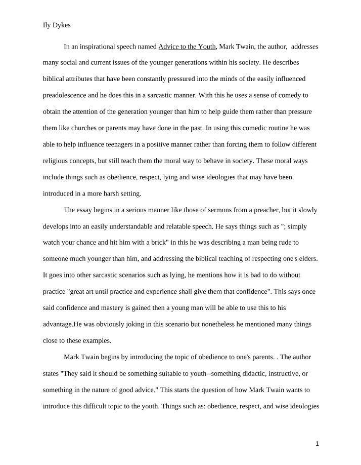 Speech Analysis - Mark Twain's Advice to Youth