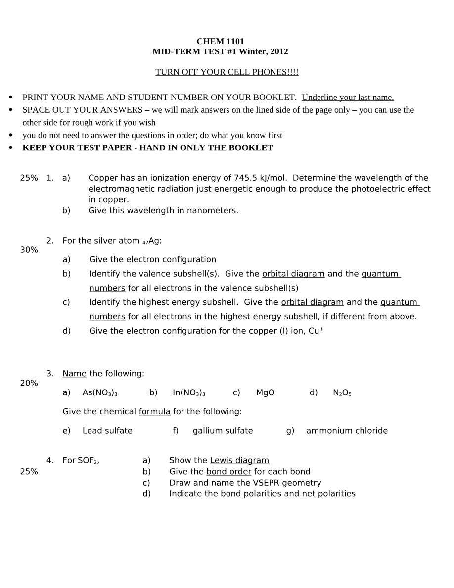 Mid-Term Test 1 - CHEM 1101 (Winter 2012)