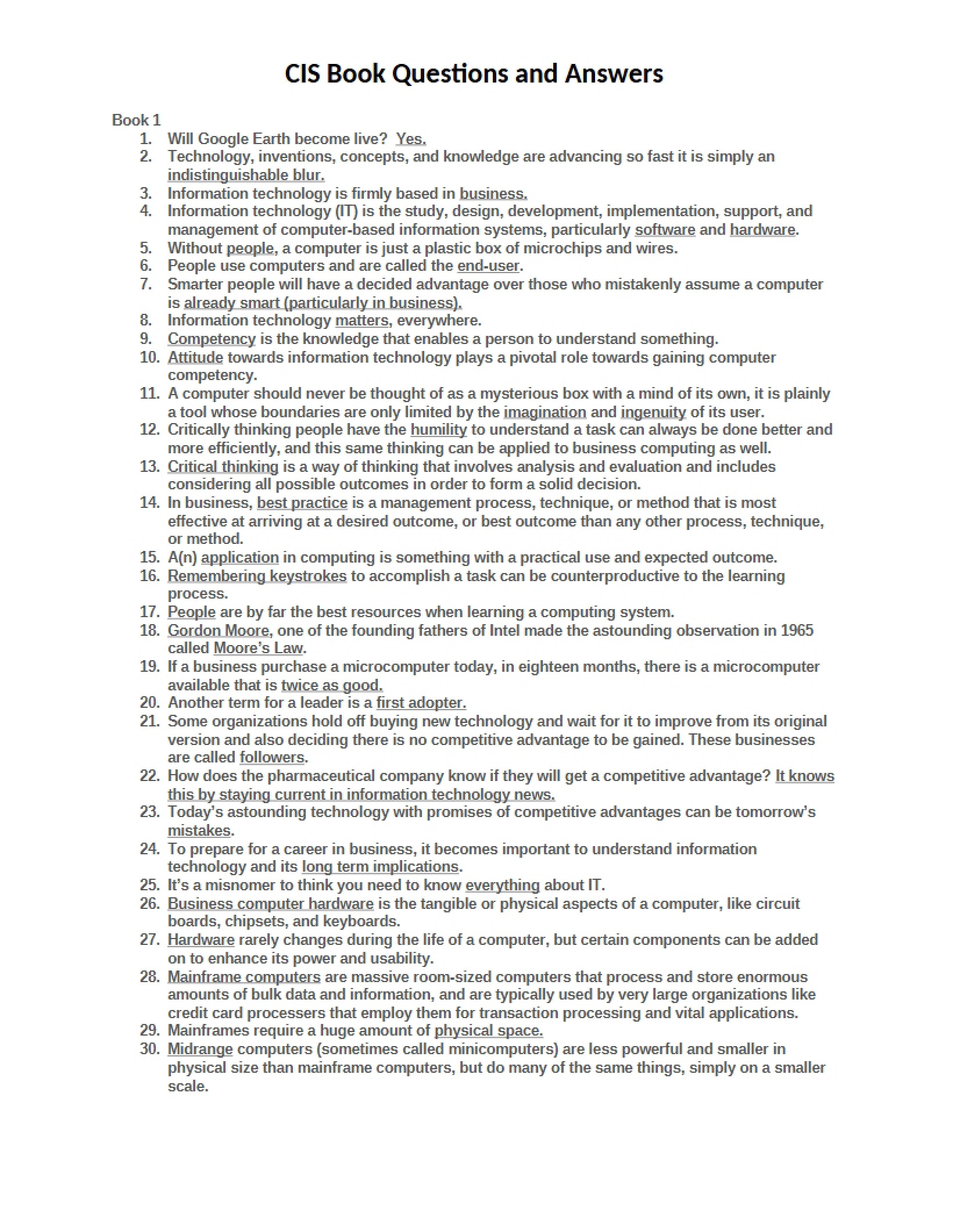 Questions and Answers from CIS Textbook