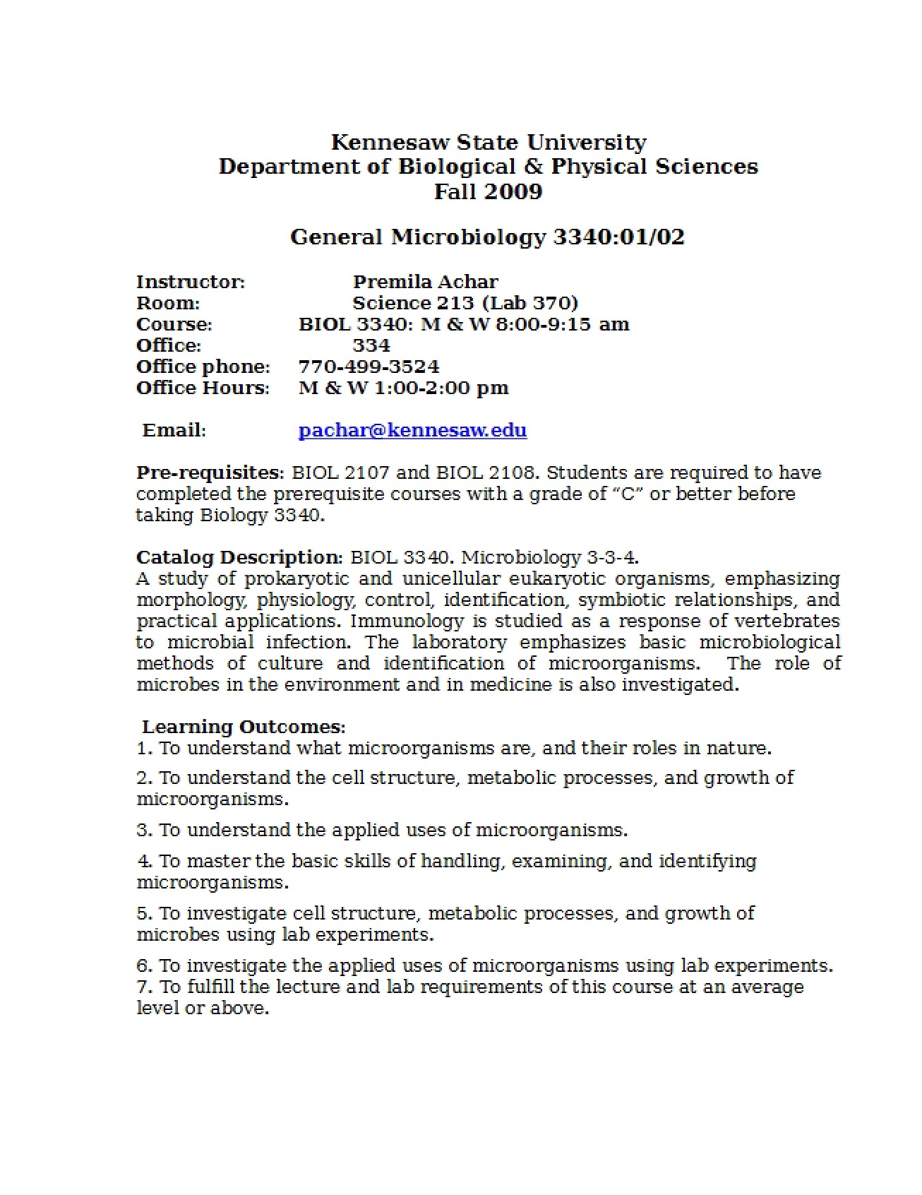 General Syllabus for a Microbiology Course
