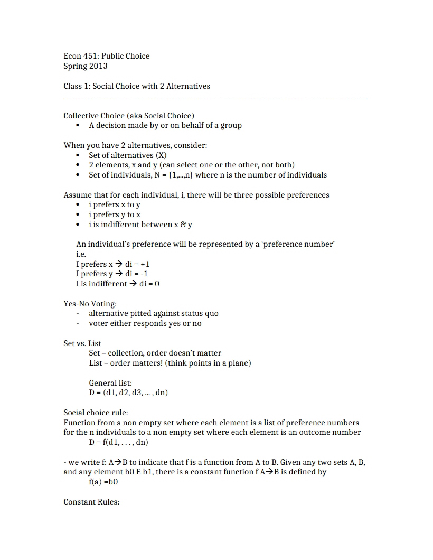 Social Choice Two Alternatives (Class 1)