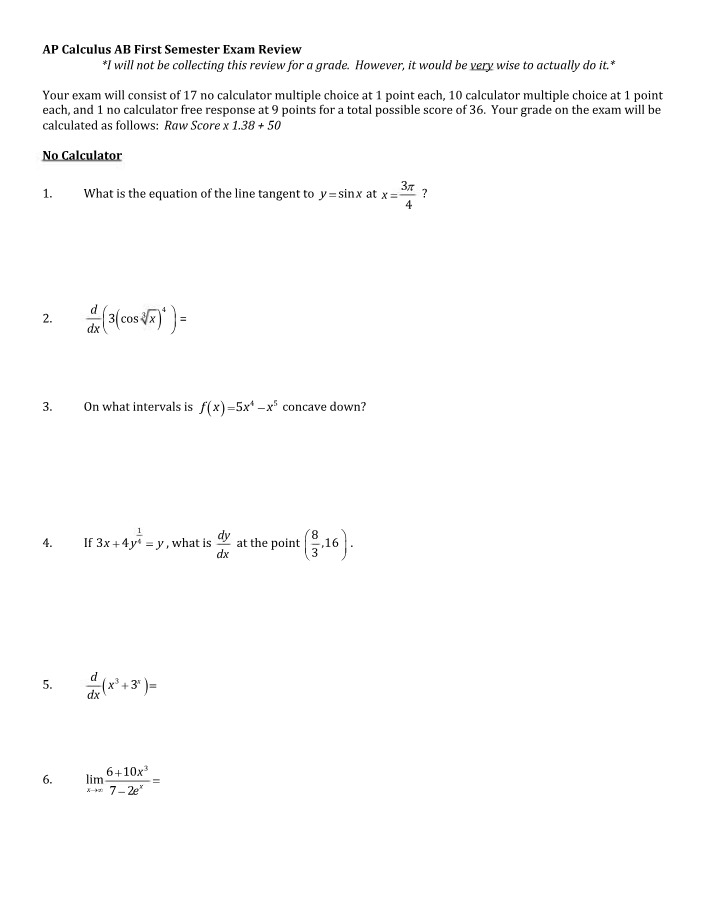 Review for AP Calculus AB First Semester Exam