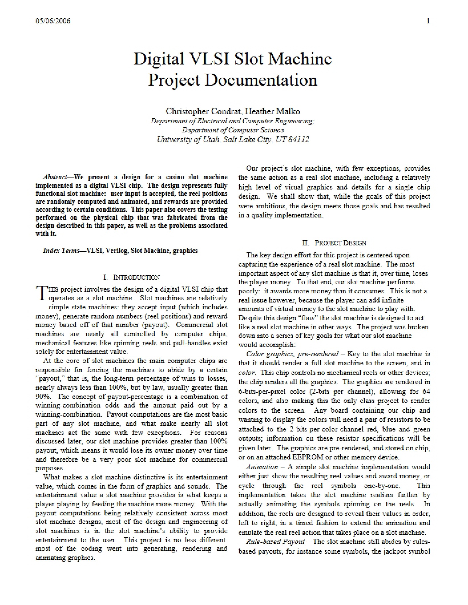 Slot Machine Design in Digital VLSI