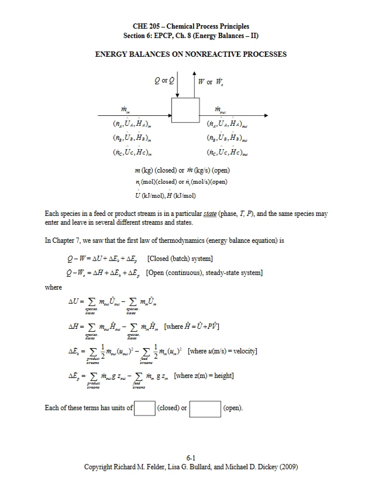 Nonreactive Processes Energy Balances