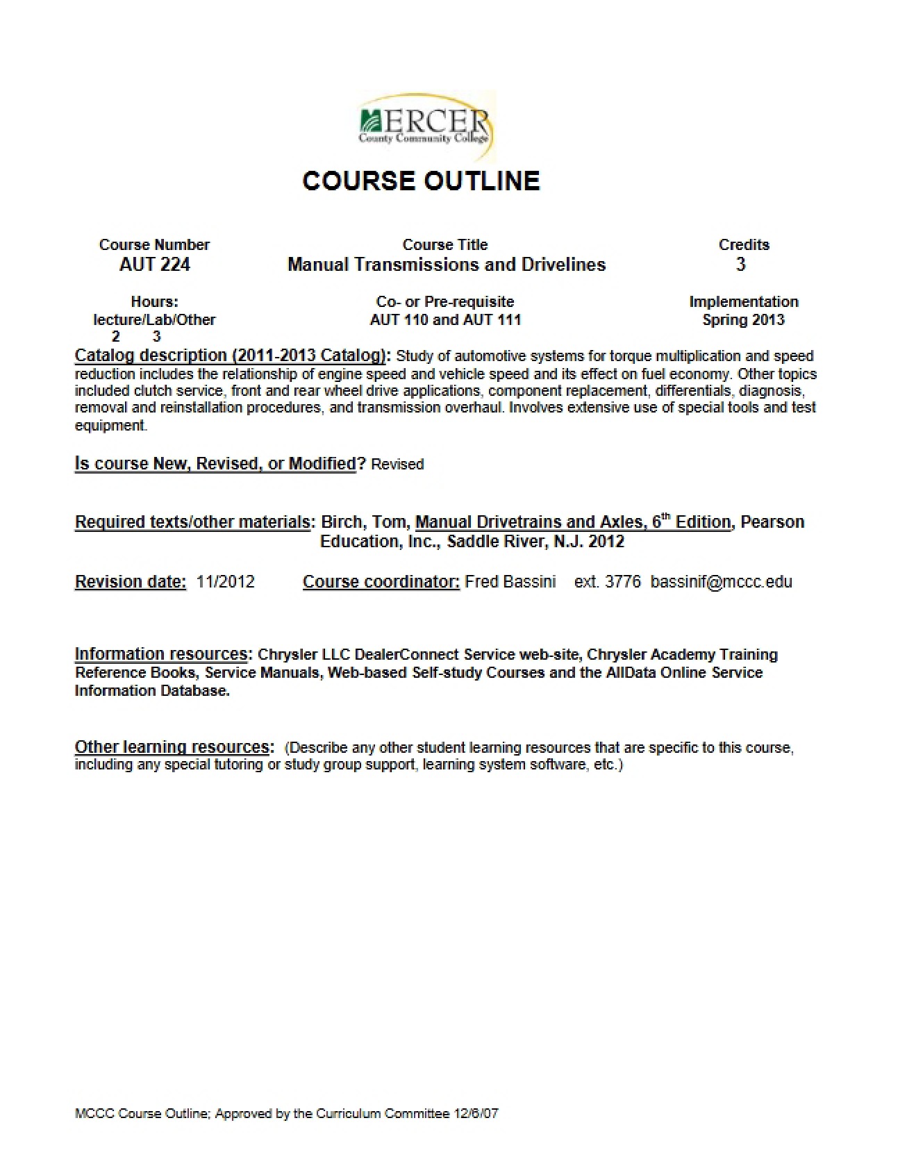 Manual Transmissions and Drivelines Syllabus