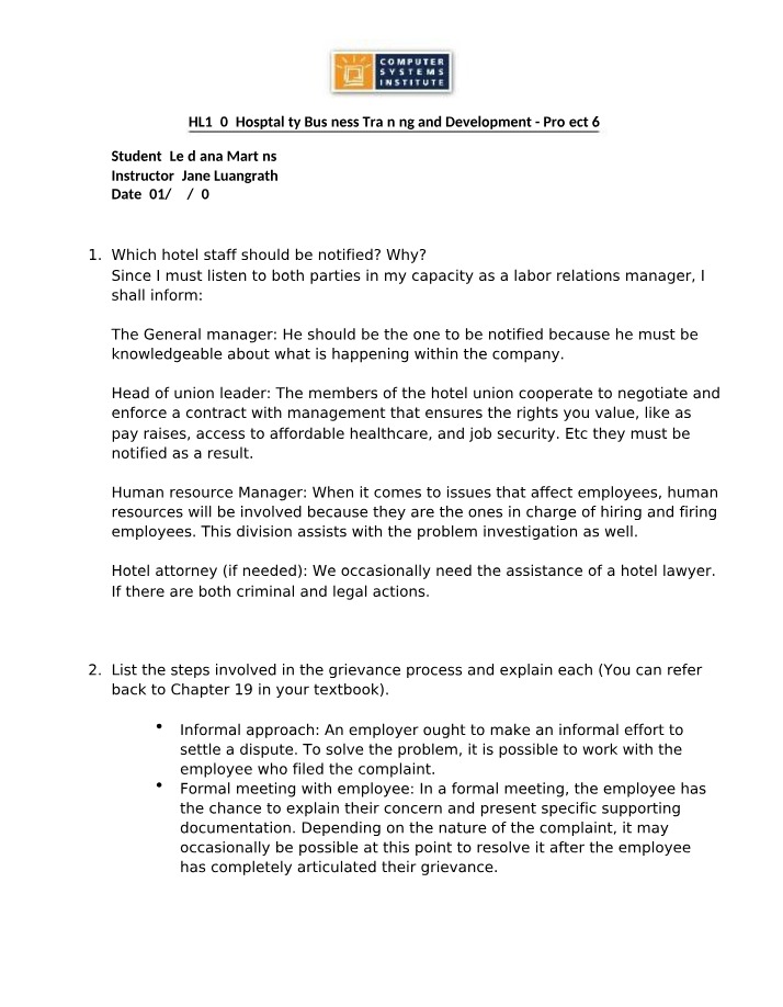 Hospitality Business Grievance Process