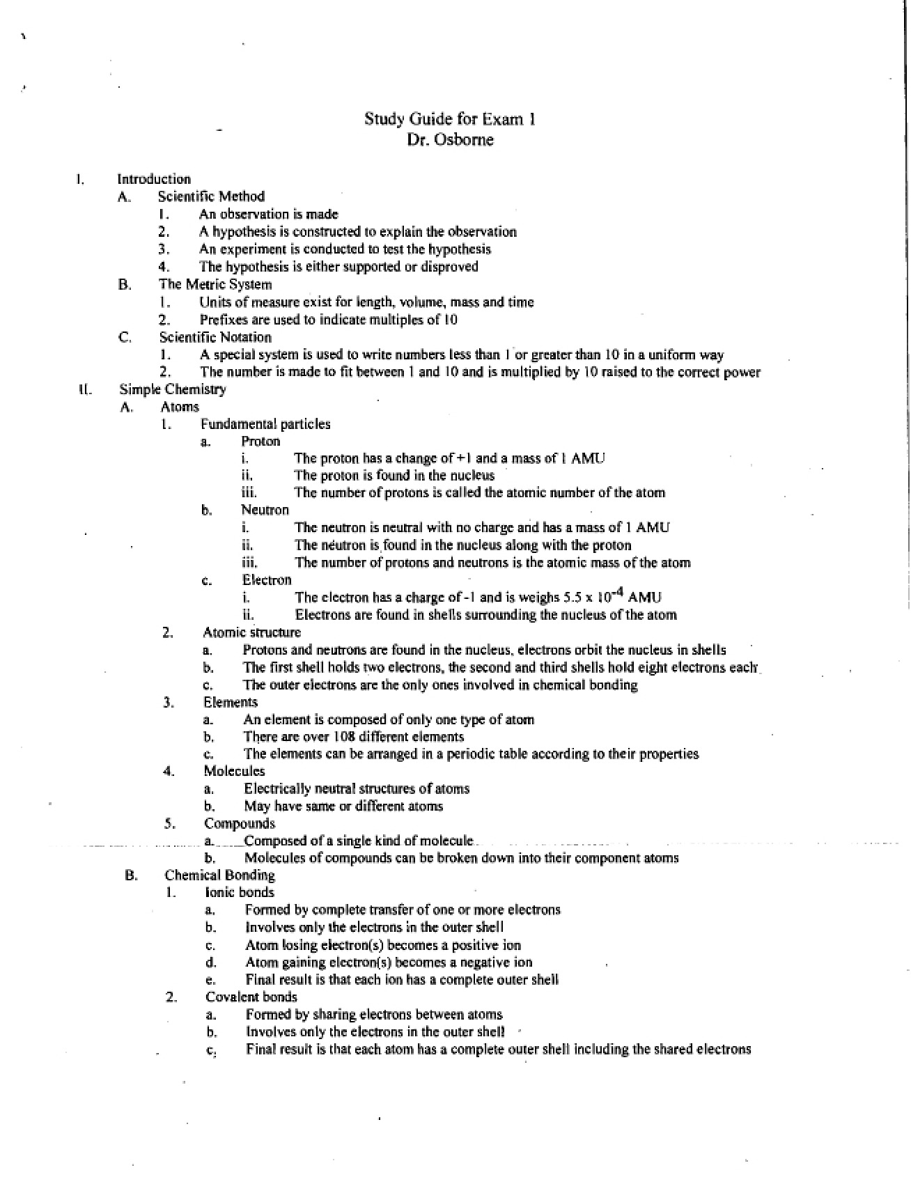 Study Guide for the First Examination in Principles of Biology