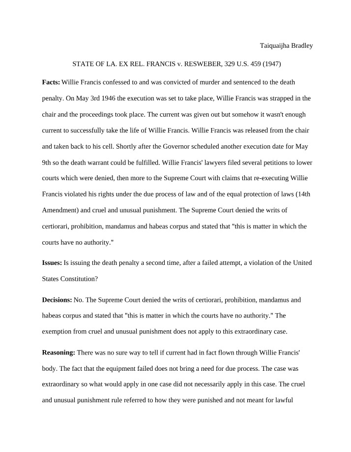 Willie Francis Case - Failed Execution and Constitutional Rights