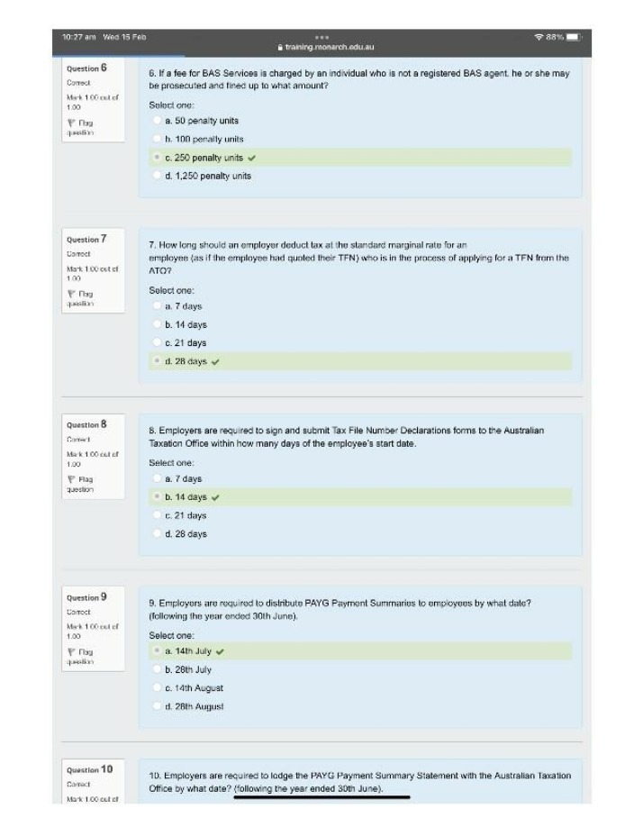 Quiz on Tax Obligations and BAS Services Fees
