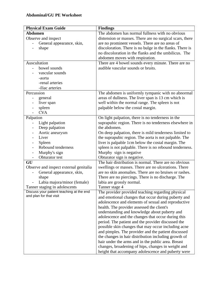 Worksheet - Abdominal and GU Physical Exam