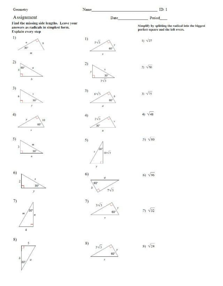 Geometry Assignment - Simplifying Radicals and Finding Missing Side Lengths
