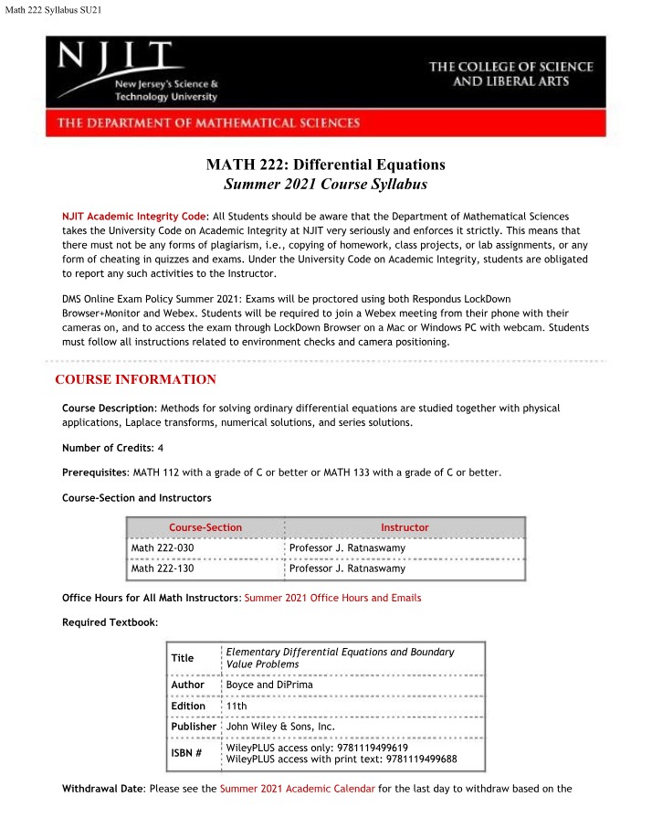 Math 222 Syllabus - Summer 2021