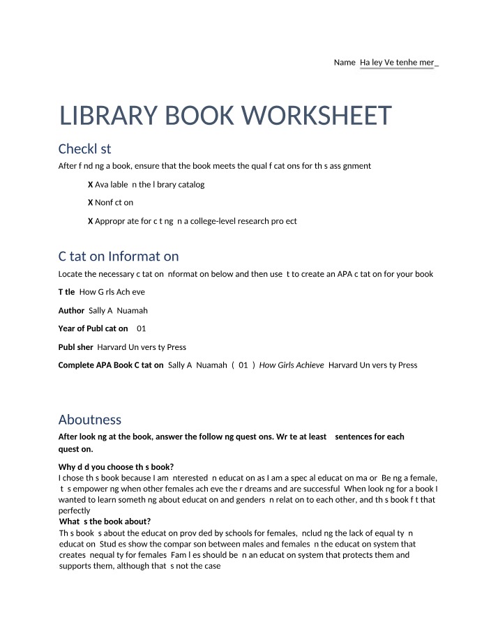 Worksheet - Library Books