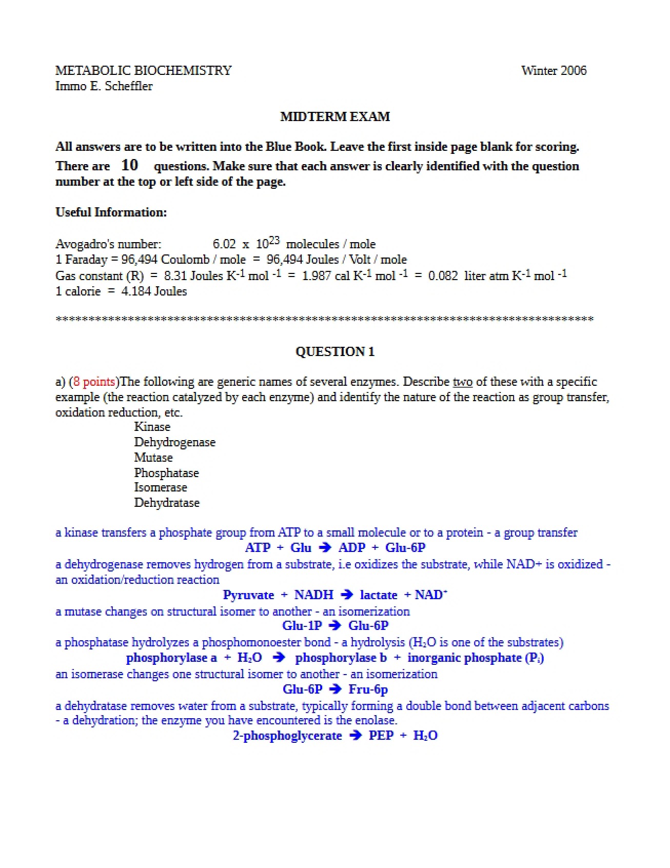 Midterm Exam for Metabolic Biochemistry