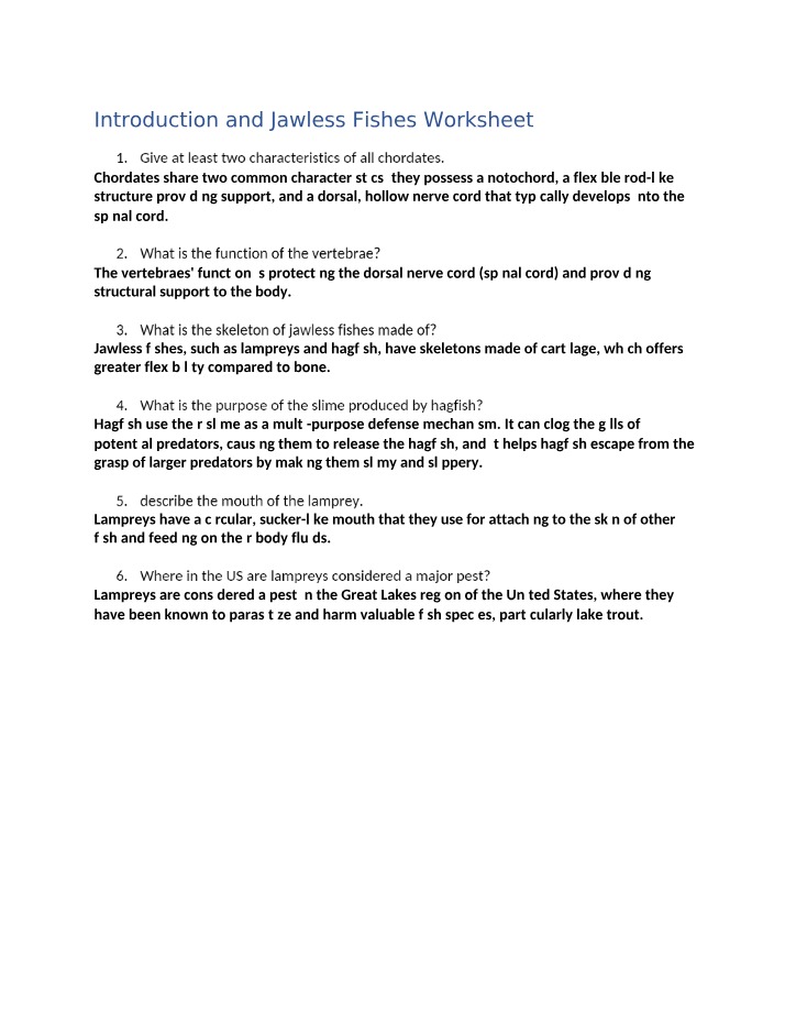 Worksheet on Introduction and Jawless Fishes
