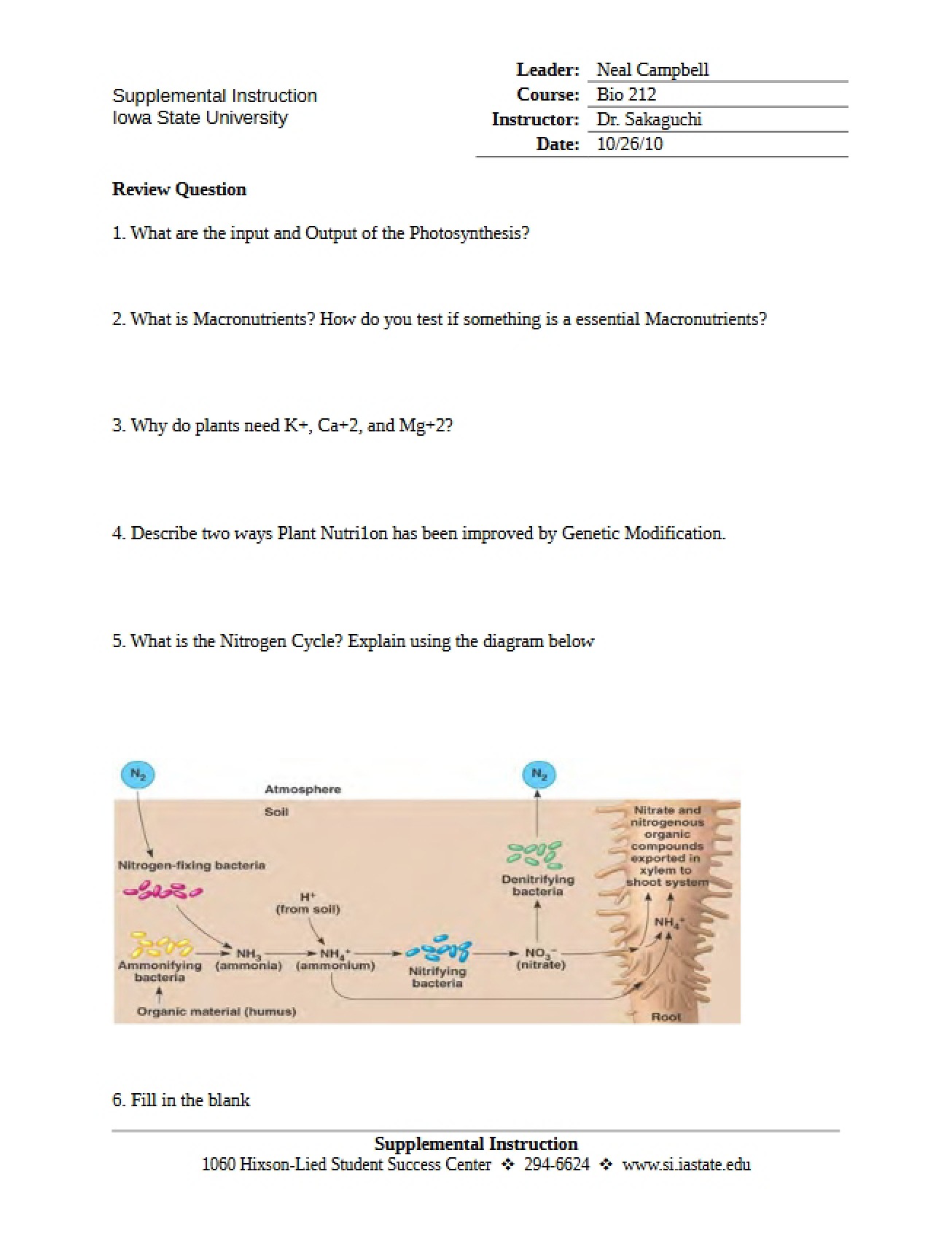 Set of Review Questions for Biology II
