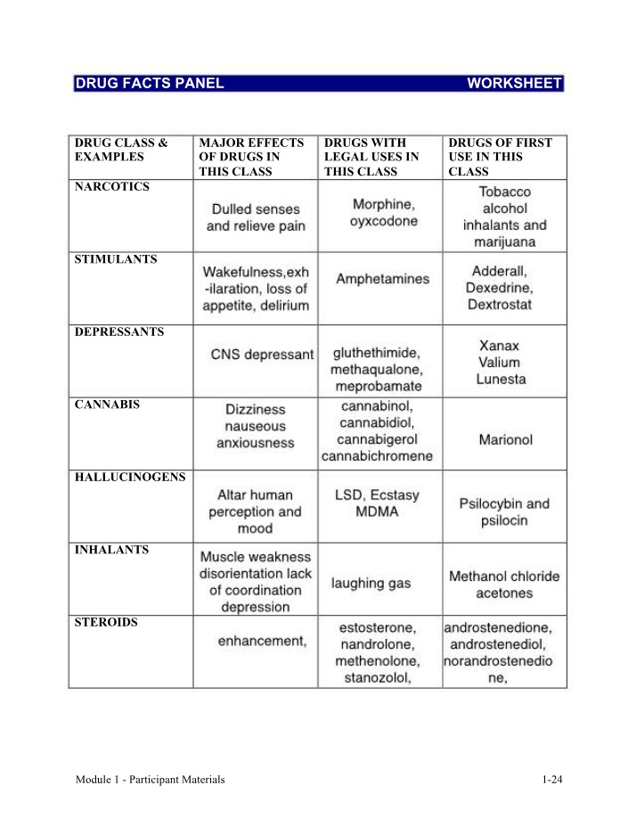 Worksheet for Drug Facts Panel
