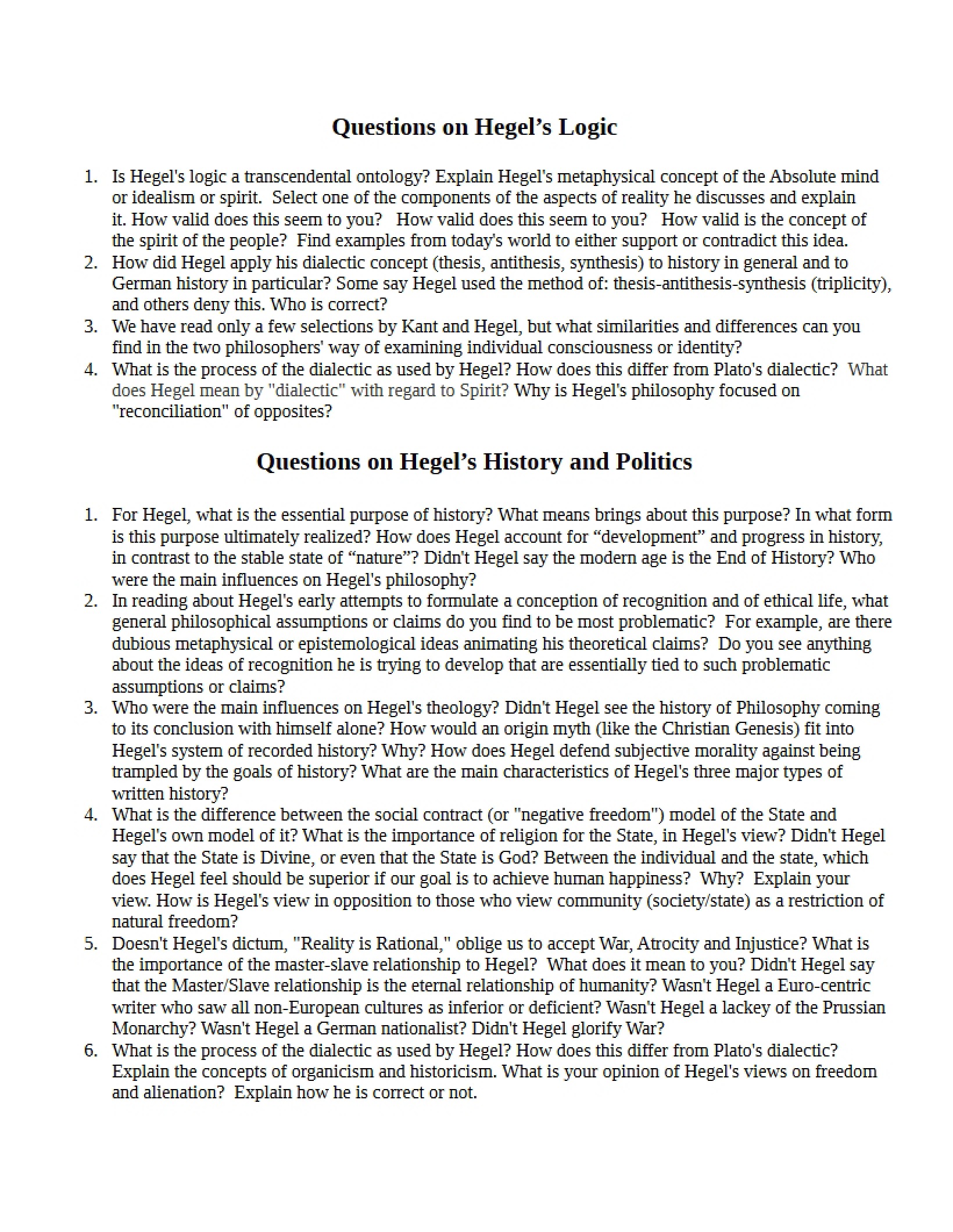 Logic Questions on Hegel