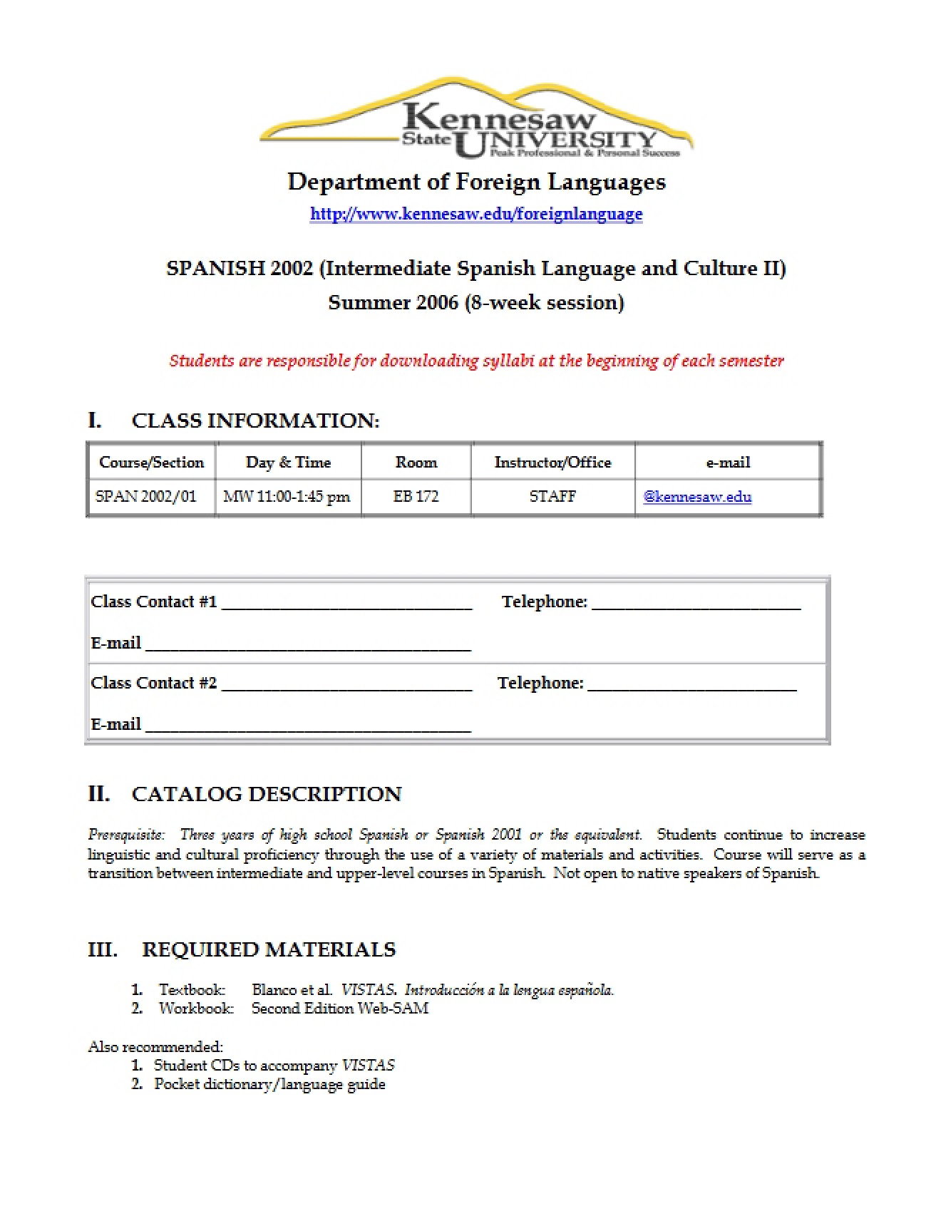 Course Breakdown for SPAN 2002
