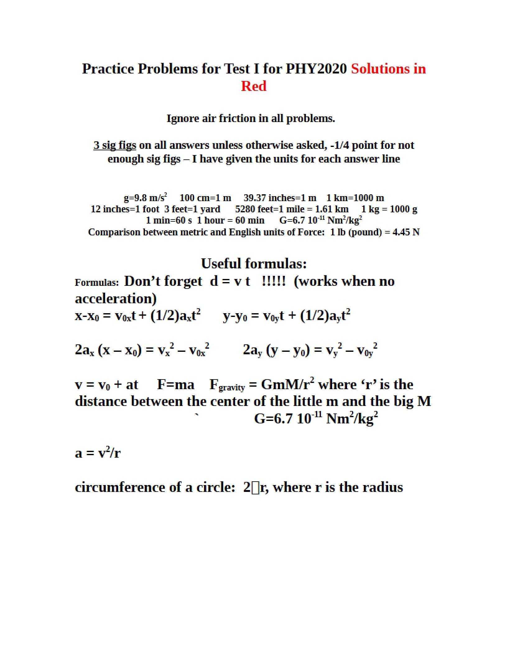 Test One Practice Problems