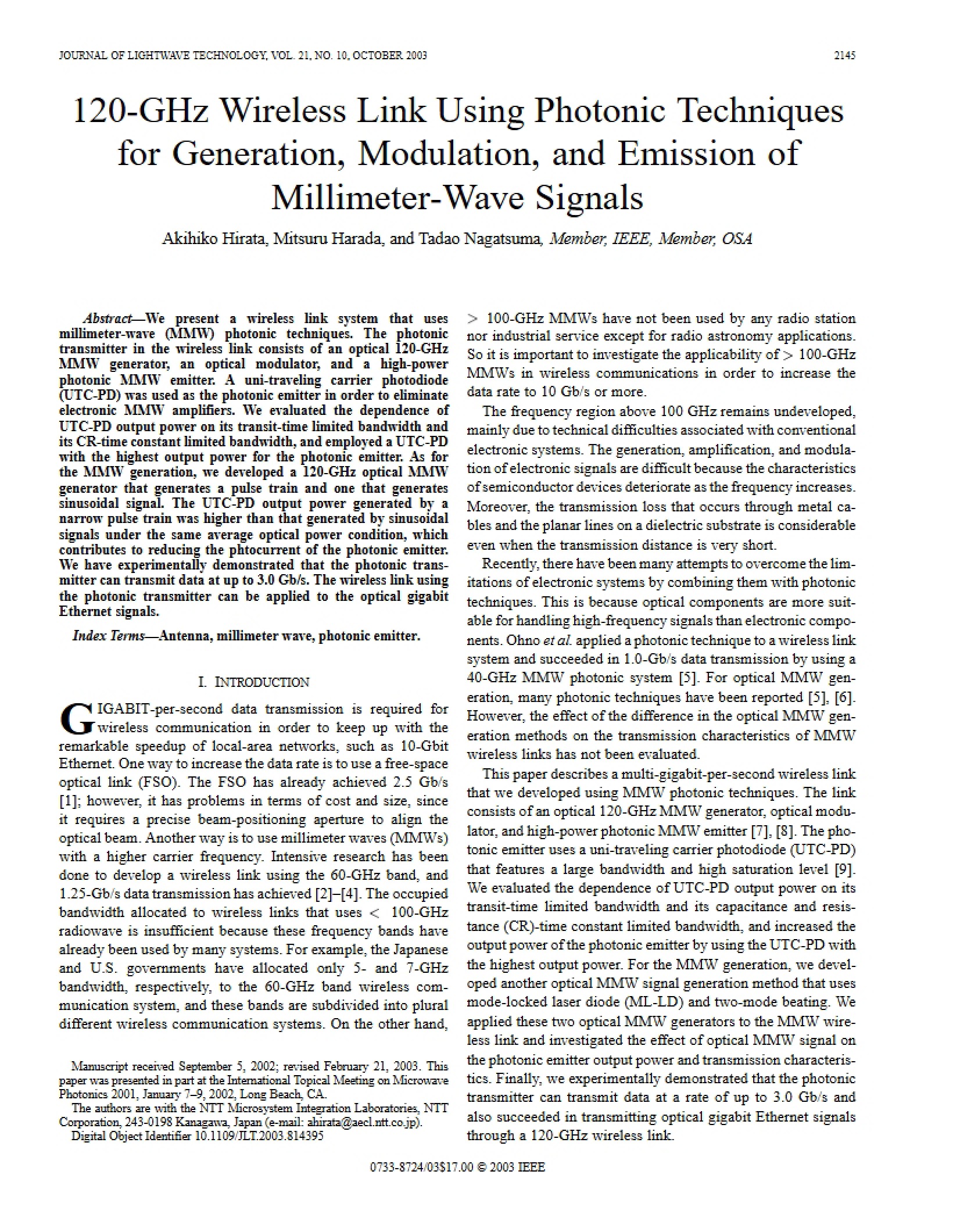 Photonic Techniques for 120-GHz Wireless Link