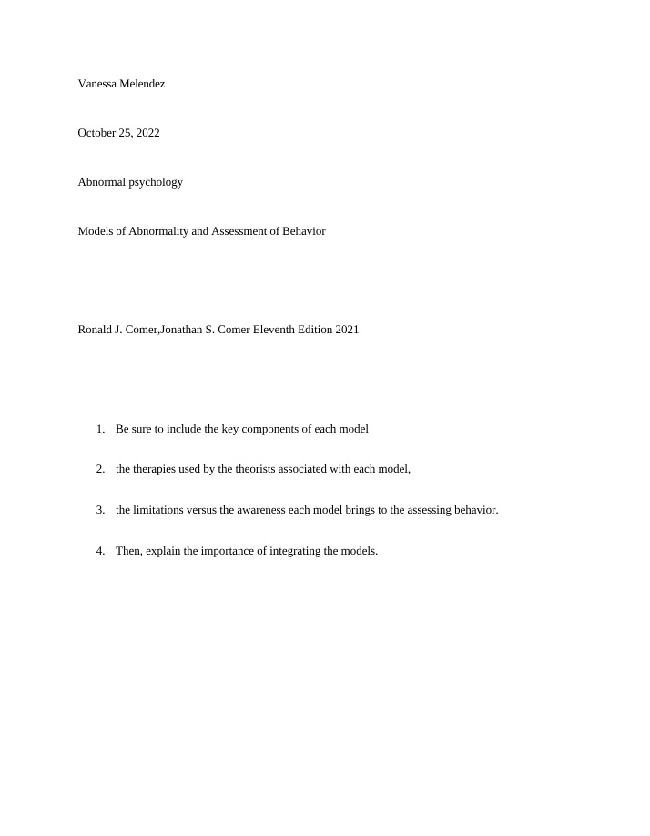 Models of Abnormality and Behavior Assessment