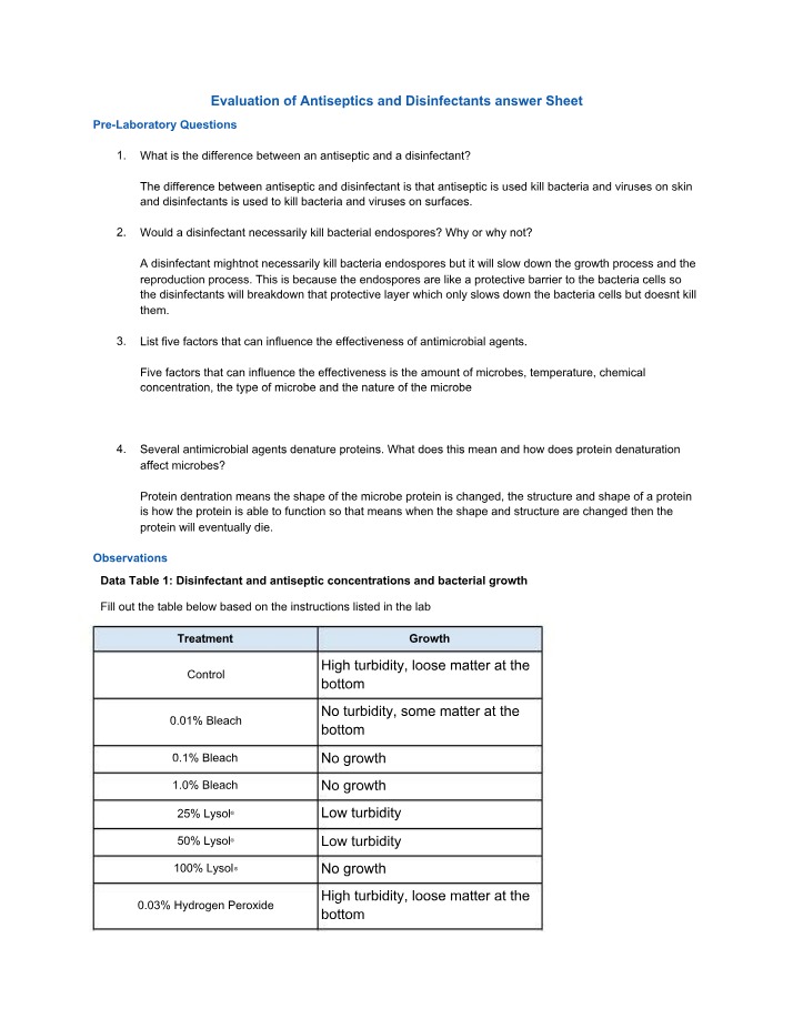 Antiseptics and Disinfectants Answer Sheet