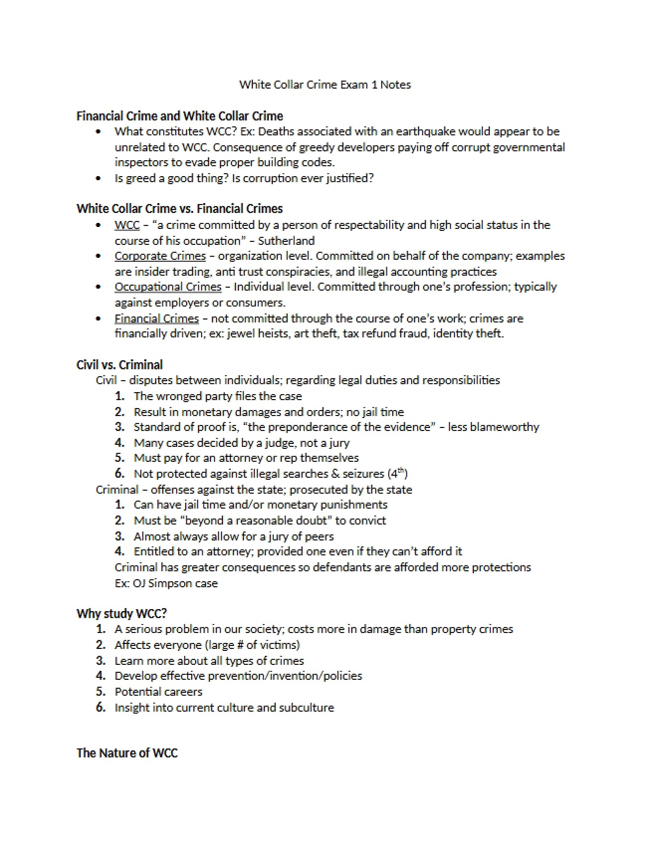 Exam One Notes on White Collar Crime
