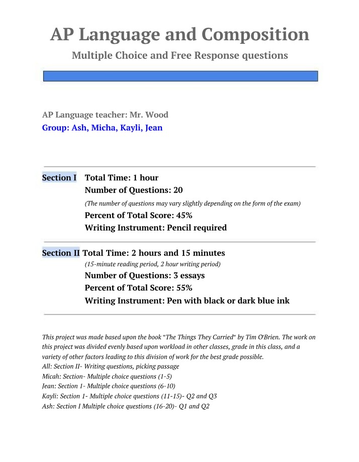 AP Language and Composition - Free Response and Multiple Choice Questions