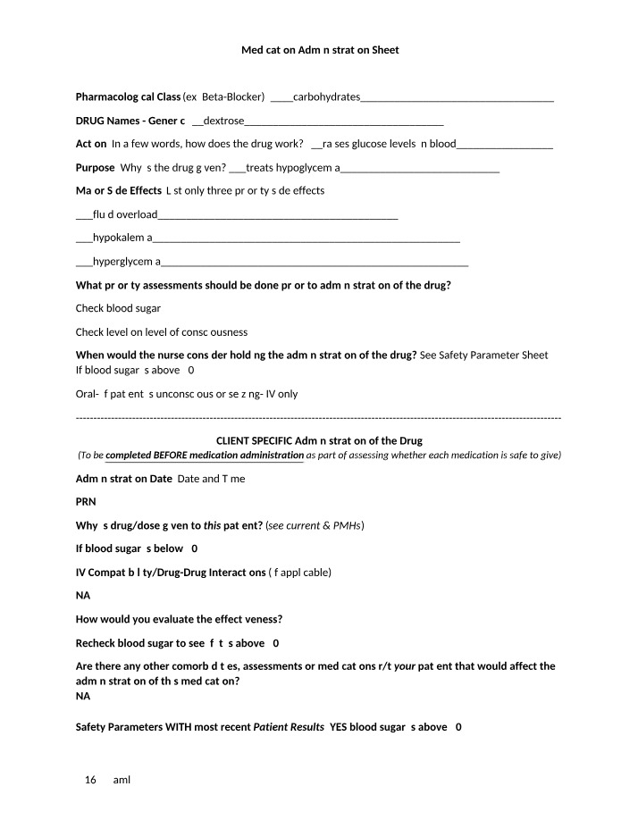 Medication Administration Sheet for Hypoglycemia