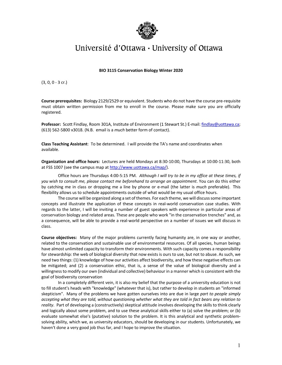 Winter 2020 Syllabus for Conservation Biology
