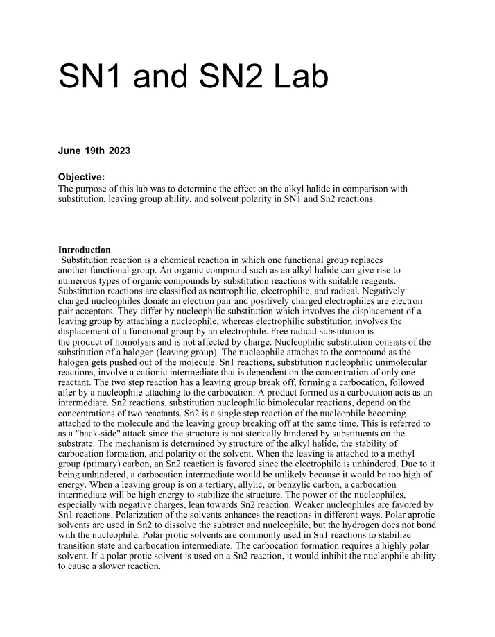SN1 and SN2 Reaction Lab