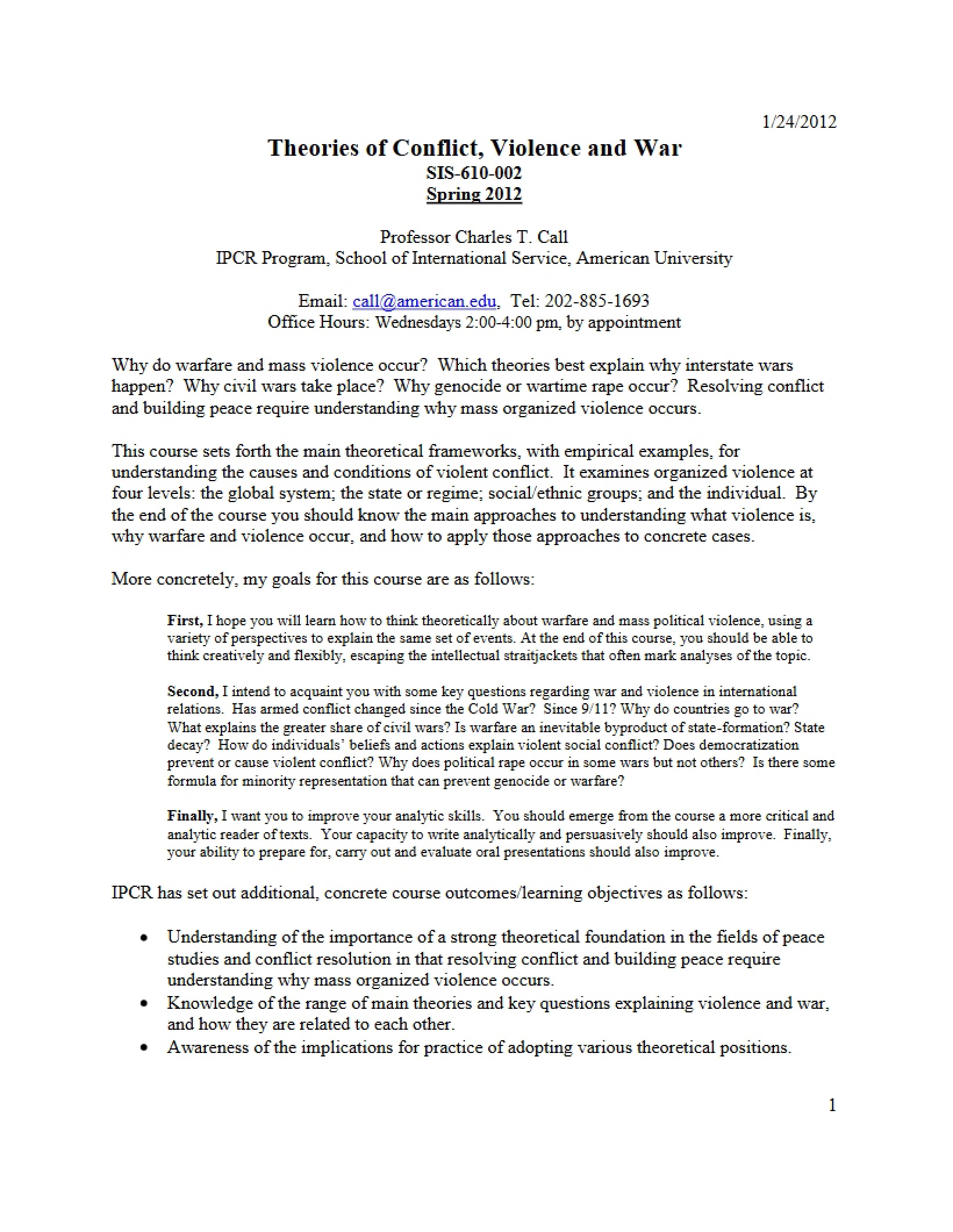 Call (Spring 12) ViolenceWar Theories