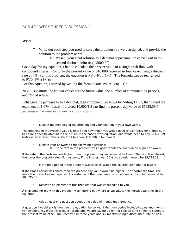 BUS 401 Week 3 Discussion 1 Beta
