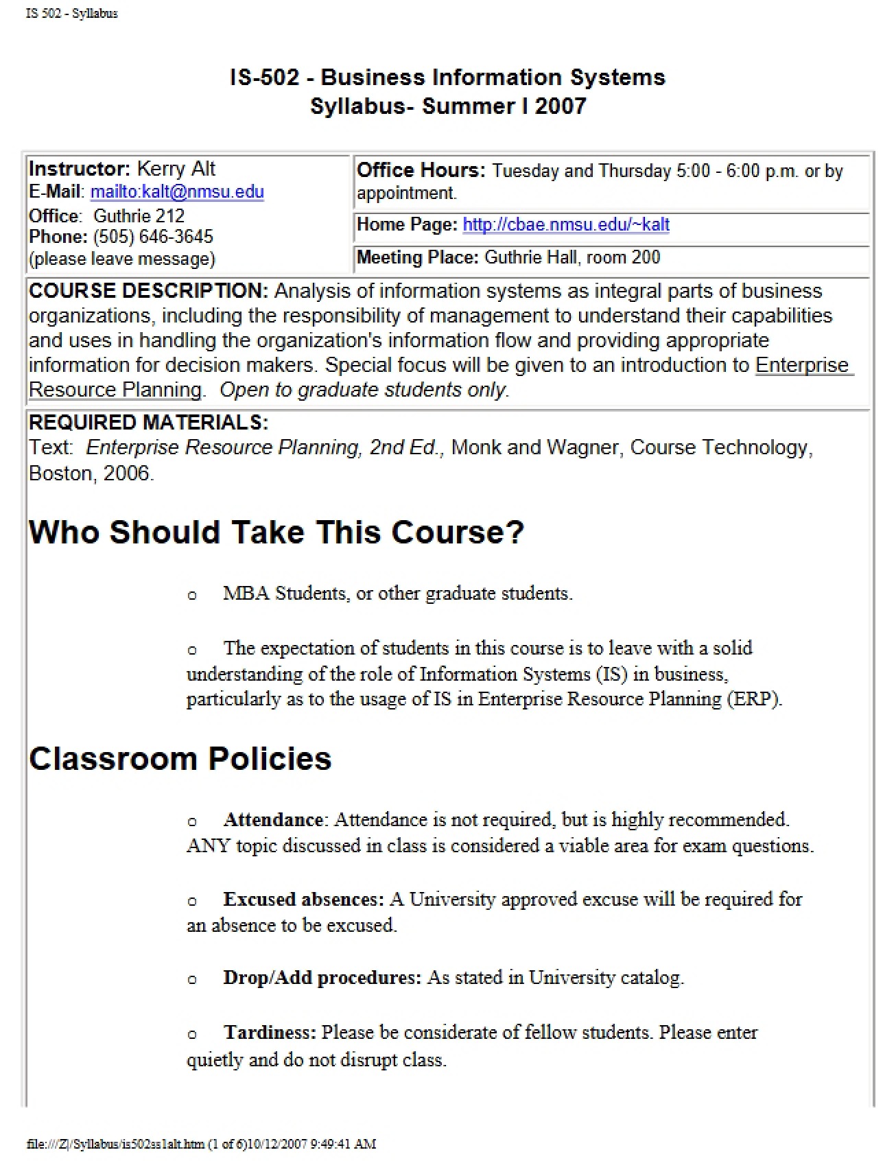 Syllabus for Business Information Systems