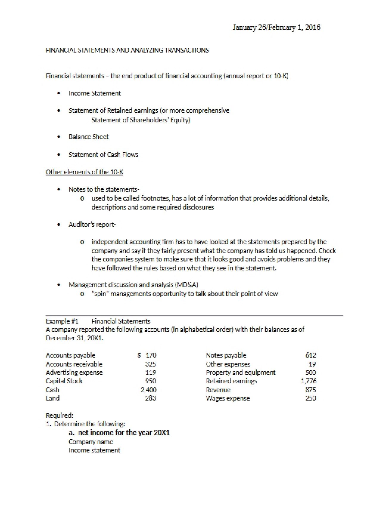 Class Notes on Financial Statements and Analyzing Transactions