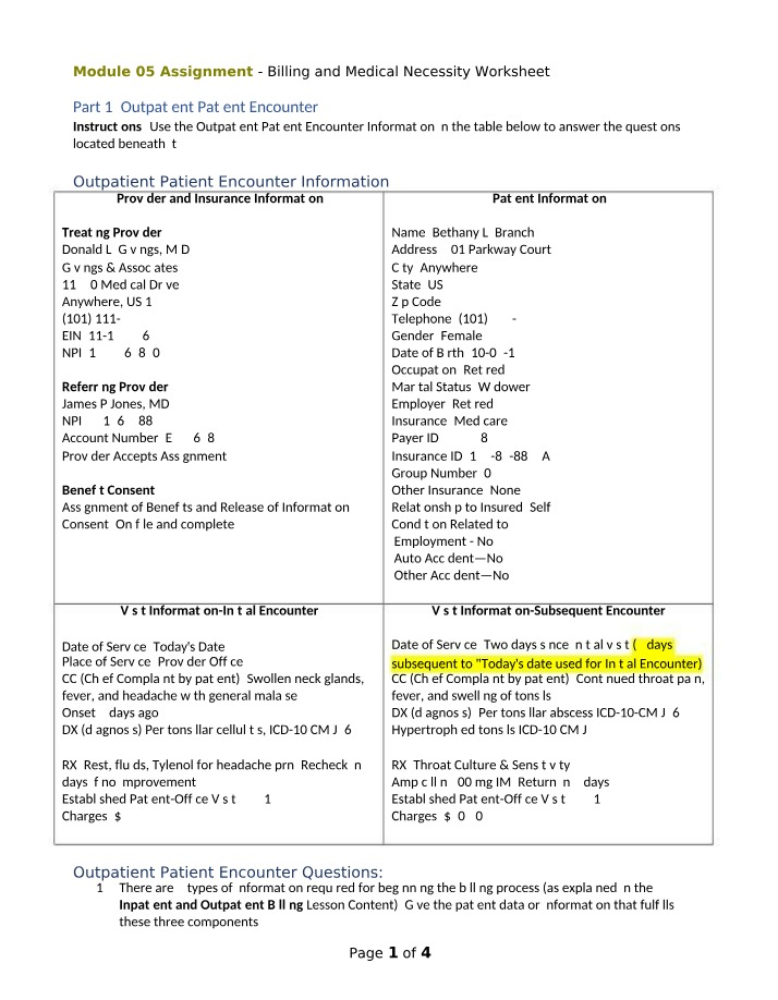Worksheet on Billing and Medical Necessity